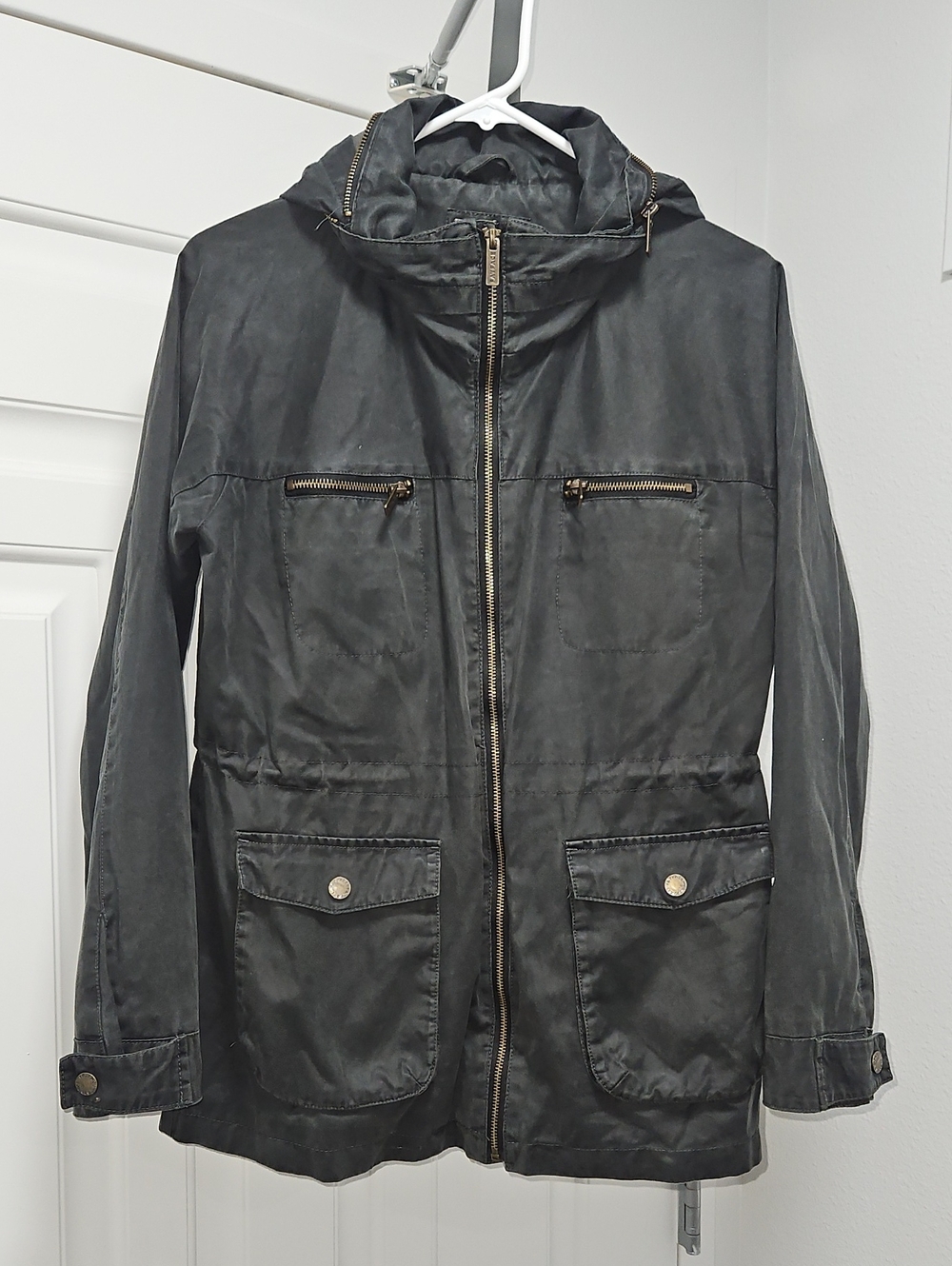 Fat Face Women's Dark Gray Wax Style Utility Jacket w/ Hideaway Hoodie Size 12